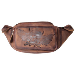 Kožená ledvinka s lebkou bikera a křídlem z pevné kůže s pěti kapsami s látkovou podšívkou
