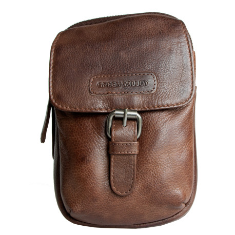 Malá pánská taška Green Valley z hnědé kůže s látkovou podšívkou, s poutkem za pásek a popruhem přes rameno ROZBALENÁ
