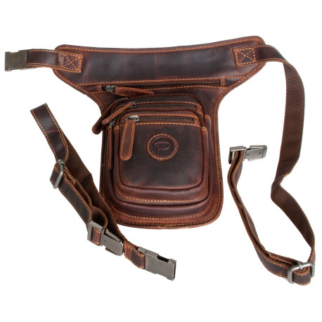 Motorkářská kožená taška Pedro na připevnění kolem pasu a na stehno z hlazené kůže s látkovou podšívkou