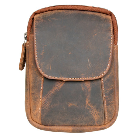 Kožená taštička na pásek nebo přes rameno z pevné kůže bez značek a nápisů s látkovou podšívkou